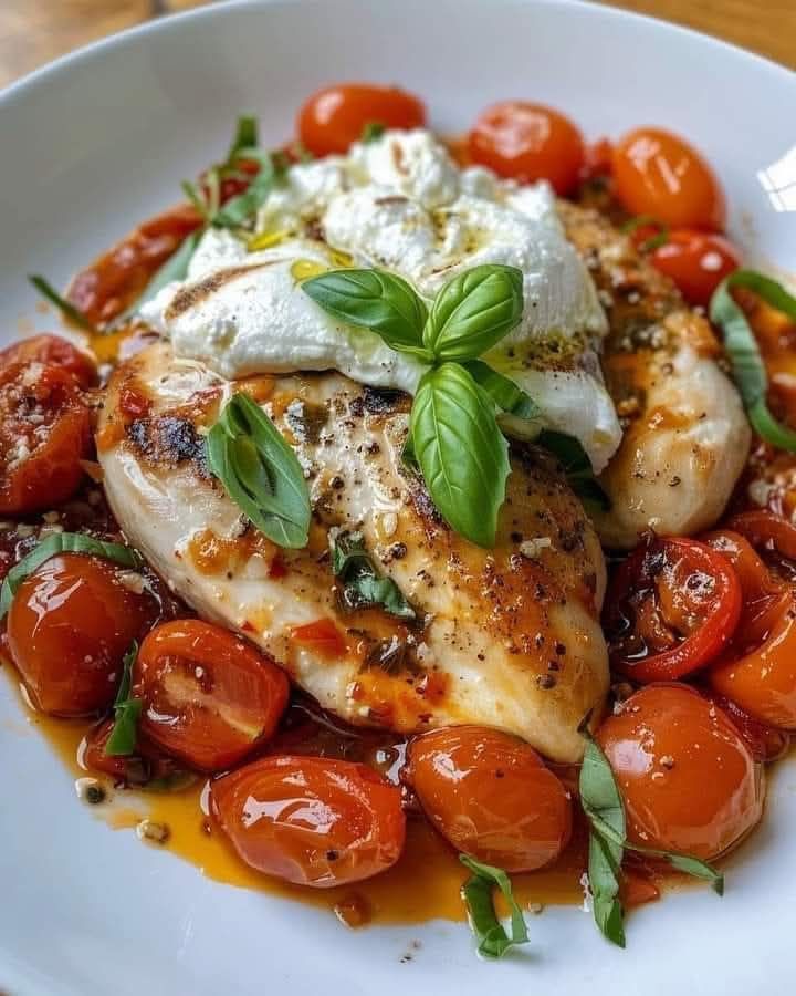 Chicken with Braised Tomatoes and Burrata
