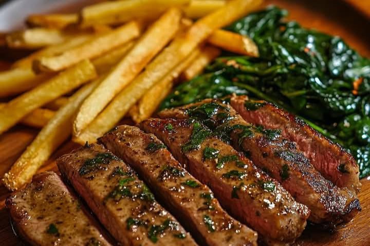 Steak au Poivre with Fries and Sautéed Spinach