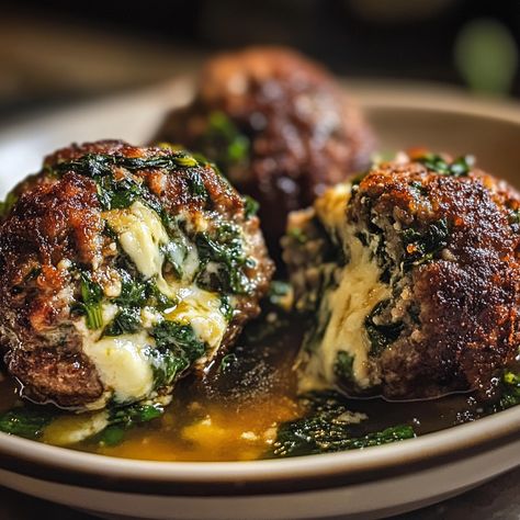 Spinach Garlic Meatballs Stuffed with Mozzarella