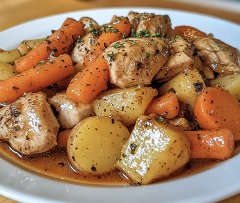 Chicken, roasties and carrots drowning in gravy